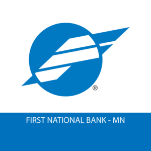 First National Bank MN logo: blue circle with a white stylized swoosh and the bank name.